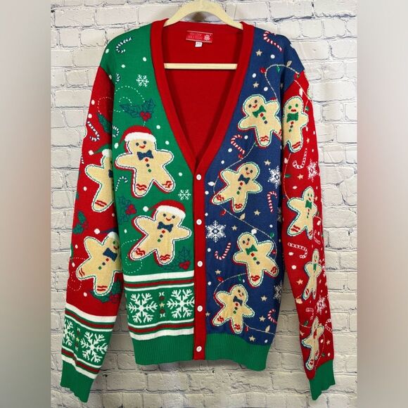 Sweaters - You Look Ugly Today Gingerbread Rocks Holiday Party Ugly Cardigan Sweater XL